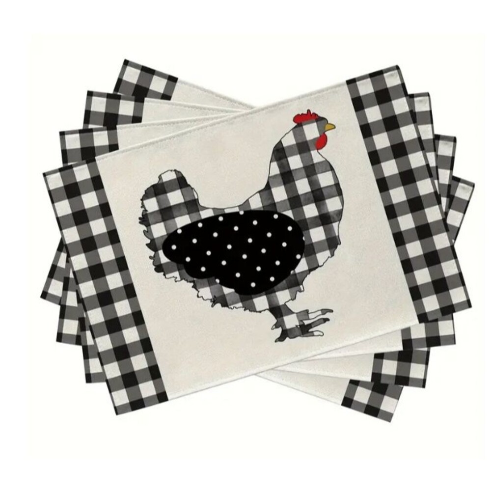 Chicken Placemats 12x18in 4-pack Black and Off-White Check Country Farmhouse NEW